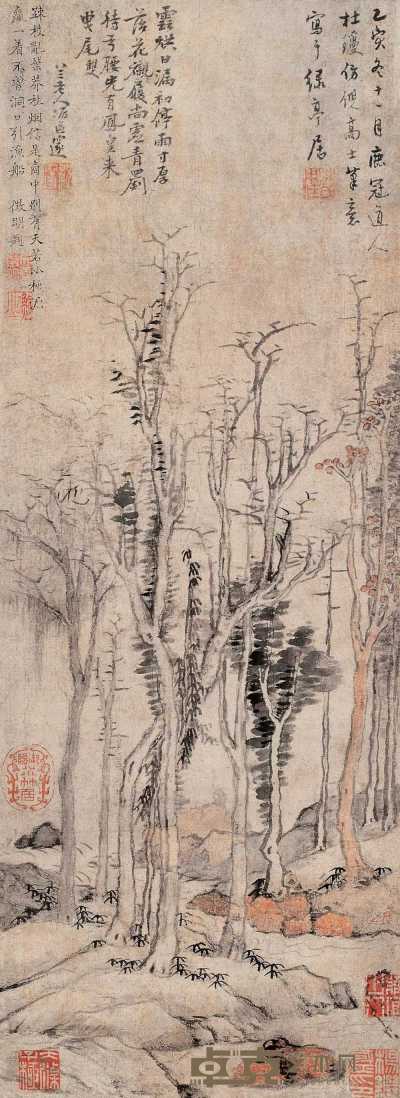 杜琼 1455年作 疏林秋烟 立轴 62×22.5cm
